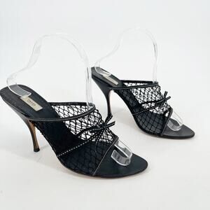 Prada Vintage Black Fishnet Bow Detail Retro Mule Slide Sandal Heel size IT 38.5
